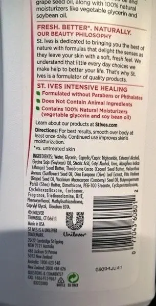 Photo from the official notice: ST. Ives 1) Daily Hydrating 2) Intensive Healing 3) 24 Hr Deep Restoring skincare product — chemical risk