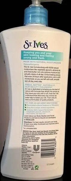 Photo from the official notice: ST. Ives 1) Daily Hydrating 2) Intensive Healing 3) 24 Hr Deep Restoring skincare product — chemical risk