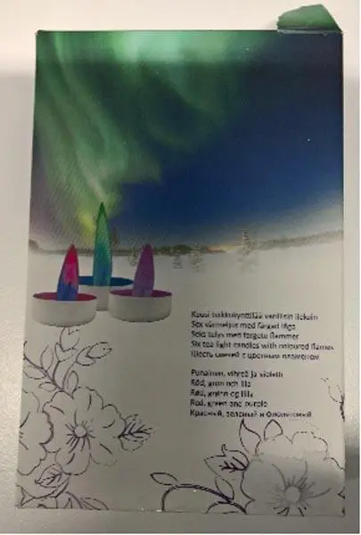 Foto aus der offiziellen Meldung: Northern Light Candle Six tea light candles with coloured flames Teelichtkerze — Risiko: Feuer
