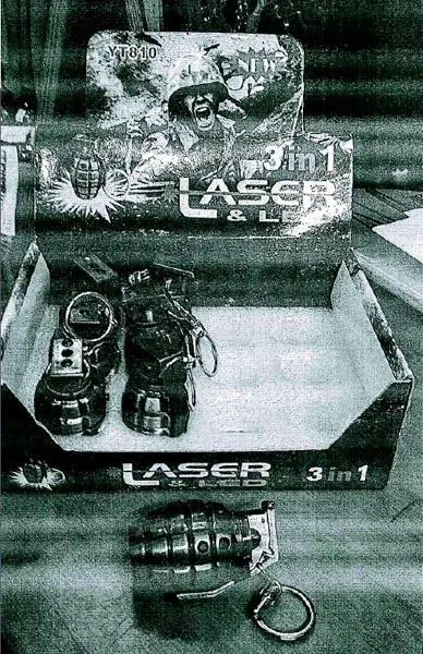 Photo from the official notice: Wing Tai Electronics 3 IN 1 LASER &amp; LED key ring with led light and laser — damage to sight risk