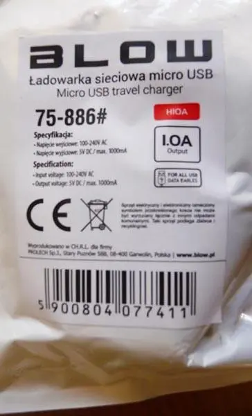 Photo de l’avis officiel: BLOW Ladowarka sieciowa micro USB - Micro USB travel charger Chargeur de voyage USB — risque: Choc électrique