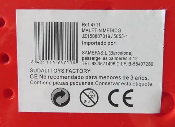 Photo from the official notice: Samefa Toys Doctor / Maletin Medicao ('Medical case') doctor play set — chemical risk