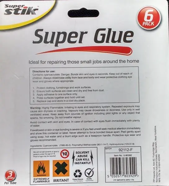 Photo de l’avis officiel: Super STIK Super Glue Colle — risque: Risque chimique