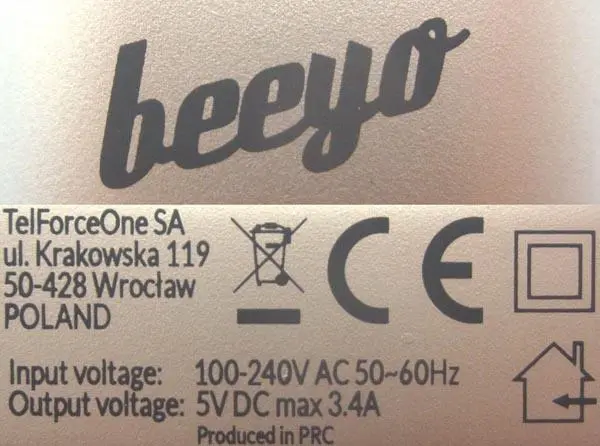 Photo de l’avis officiel: Beeyo DOUBLE USB WALL CHARGER Unité d’alimentation électrique — risque: Choc électrique & Incendie