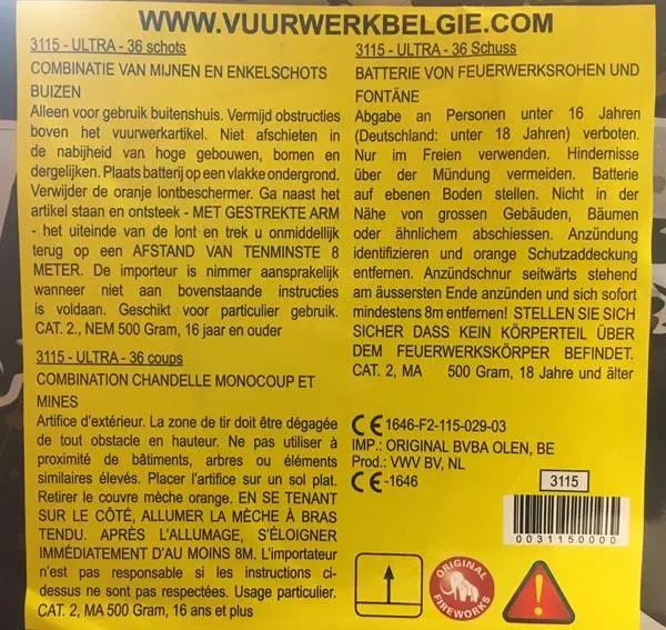 Photo de l’avis officiel: Original Fireworks ULTRA Feux d’artifice — risque: Brûlures