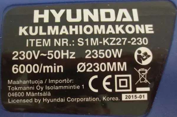 Photo de l’avis officiel: Hyundai Kulmahiomakone Broyeur d’angle — risque: Blessures