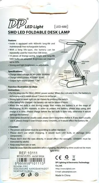 Foto dell’avviso ufficiale: Dp SMD LED FOLDABLE DESK LAMP Lampada da scrivania — rischio: Scossa elettrica & Incendio