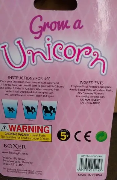 Photo de l’avis officiel: Boxer Grow a Unicorn Jouet extensible — risque: Étouffement & Blessures