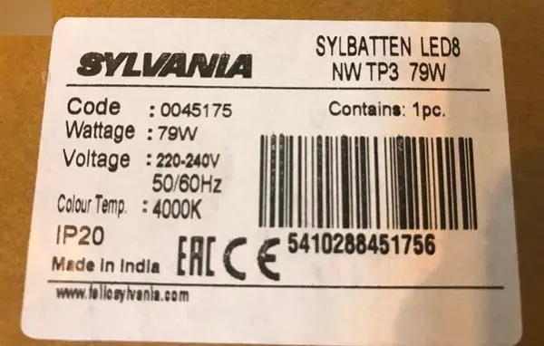 Foto do aviso oficial: Sylvania Syl Batten Luz LED — risco: Choque elétrico