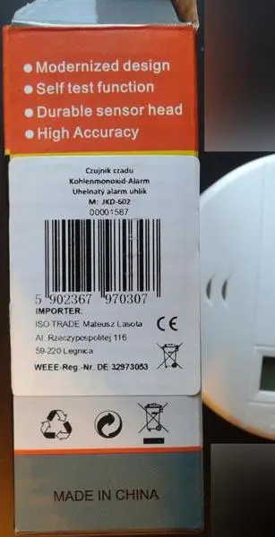 Photo from the official notice: Carbon Monoxide Alarm carbon monoxide detector — suffocation risk (A12/1093/17)