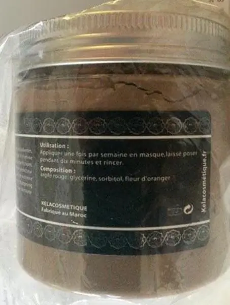 Photo from the official notice: KELA COSMETIQUE Rhassoul à la fleur d'oranger ('Rhassoul clay with orange blossom') face mask — chemical risk