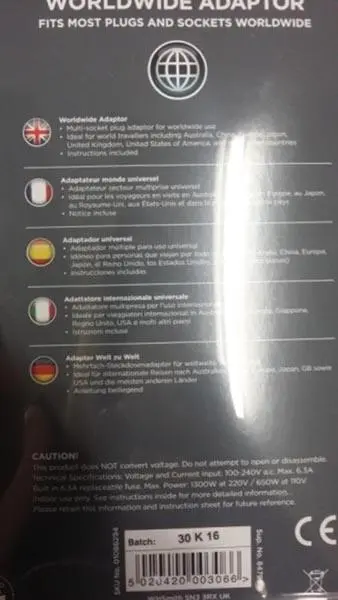 Foto aus der offiziellen Meldung: Destination Travel Worldwide Adaptor Reisestecker Adapter — Risiko: Elektrischer Schlag & Feuer