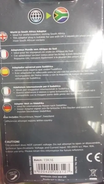 Foto uit de officiële melding: Destination Travel World to South Africa De adapter van de reisstekker — risico: Elektrische schok & Brand