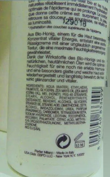 Photo de l’avis officiel: Perlier Body Honey Miel - Fluid Cream Moisturizing Produit de soin de la peau — risque: Risque chimique