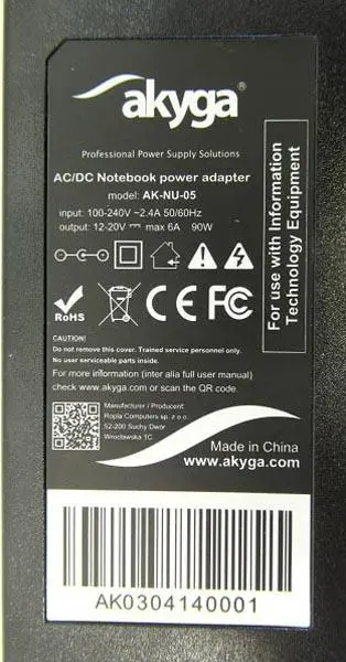 Foto uit de officiële melding: Akyga AC/DC notebook power adapter De voeding van de computer — risico: Elektrische schok