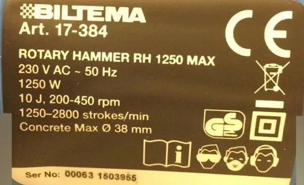 Foto uit de officiële melding: Biltema ROTARY HAMMER Roterende hamerboor — risico: Verwonding