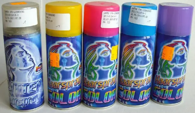Photo de l’avis officiel: Pyro-Partner Spray à cheveux "Color-Haarspray (4 nuances différentes), — risque: Risque chimique