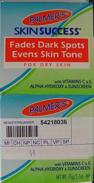Foto do aviso oficial: Palmer Creme de clareamento da pele  1)Palmer’s Skin Success E — risco: Químico