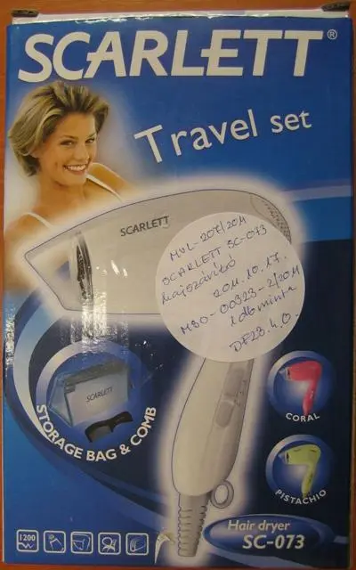 Foto do aviso oficial: Scarlett Secador de cabelo «Conjunto de Viagem» — risco: Choque elétrico