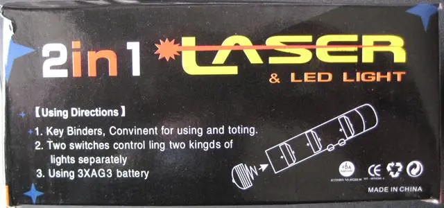 Foto uit de officiële melding: Laserpointer „Key-ring 2 in Laser &amp; Led Light” — risico: Aantasting van het gezichtsvermogen