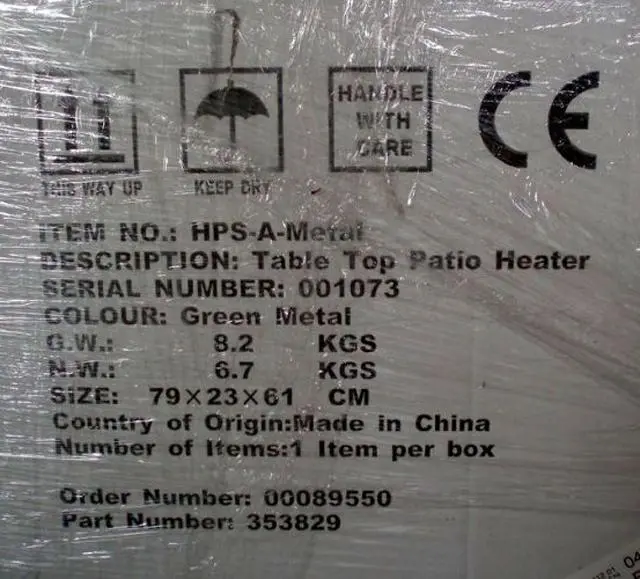 Photo de l’avis officiel: Royal Chauffage de patio «Table Top Patio Heater» — risque: Brûlures & Incendie