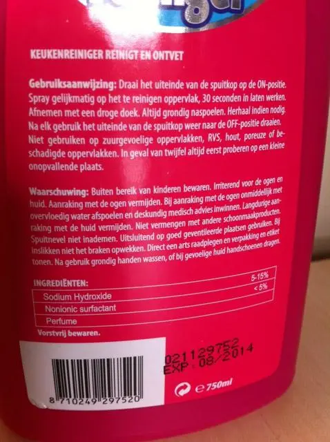 Foto del aviso oficial: De Jong &amp; Partners Producto de limpieza "Power Kitchen kleaner product -K — riesgo: Riesgos químicos
