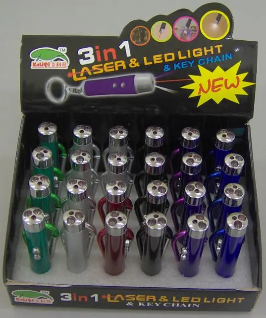 Foto aus der offiziellen Meldung: Kaliqi Laserpointer Schlüsselanhänger „3 in 1 Laser &amp; LED Licht“ — Risiko: Sehschaden