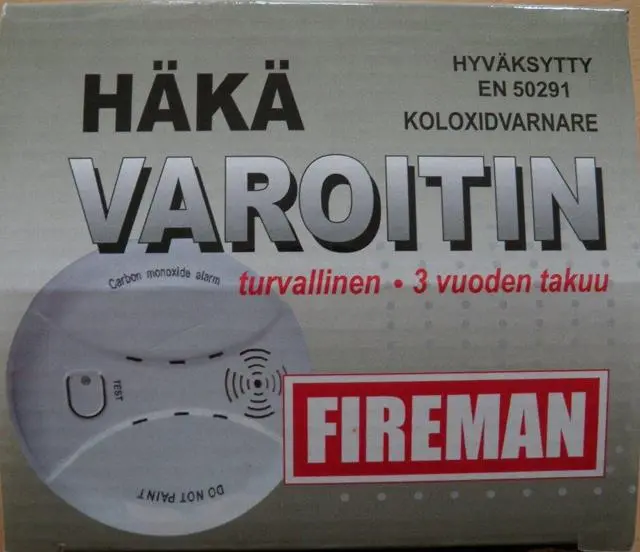 Photo de l’avis officiel: Fireman Carbon Monoxide Alarm (Häkävaroitin) Détecteur de monoxyde de carbone et #13; &amp;#13; — risque: Asphyxie