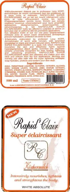 Foto do aviso oficial: Rapid 'Clair Rapid' Clair Super éclaircissant Körpermilch Produto de clareamento da pele — risco: Químico