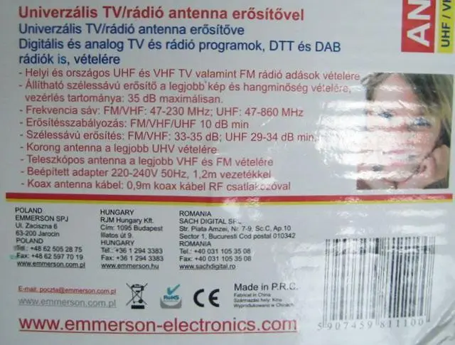 Foto uit de officiële melding: EMMERSON Active Indoor Antenna Tv/radioantenne  &amp; #13; — risico: Elektrische schok