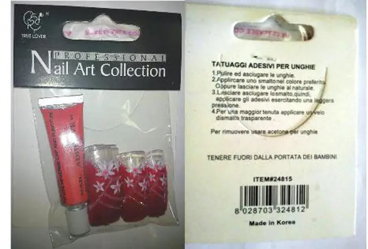 Foto aus der offiziellen Meldung: 1. Fengshangmei (Fake nehty) 2. True Lover 1. – 3. and 5.: Nail Art4. Nail Art Collection Falsche Nägel &amp;  — Risiko: Chemikalie