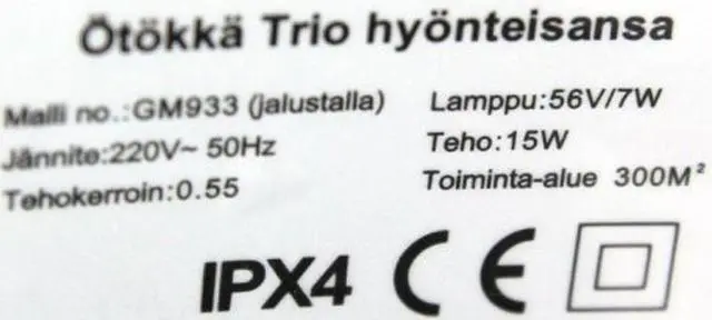 Foto aus der offiziellen Meldung: Ötökkä Trio Hyonteisansa jalalla Insektenkiller &amp; #13; &amp; #13; — Risiko: Elektrischer Schlag