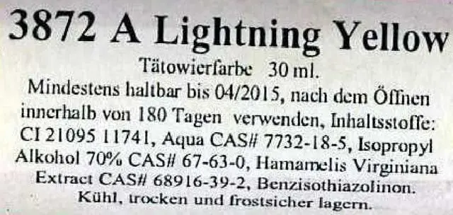 Foto aus der offiziellen Meldung: Eternal Ink Lightning Yellow Tattoo Tinte &amp; #13; &amp; # #13; — Risiko: Chemikalie (A12/1774/12)