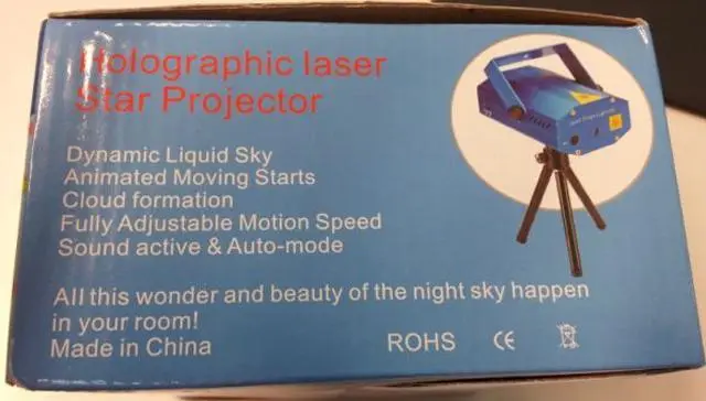 Foto aus der offiziellen Meldung: Holographic Laser Star Projector / Mini Laser Stage Lighting Laserprojektor — Risiko: Sehschaden & Elektrischer Schlag