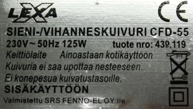 Photo de l’avis officiel: Lexxa Sieni-/Vihanneskuivuri Sèche-linge et #13; &amp;#13; — risque: Choc électrique