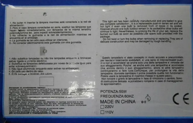 Photo from the official notice: Multi Function Led Light lighting chains — electric shock & fire risk