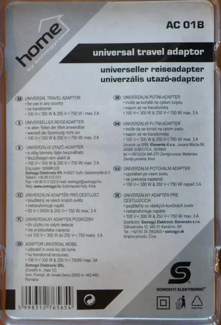 Photo from the official notice: Somogy Elektronic - home by somogyi Universal travel adaptor travel plug adaptor — electric shock risk