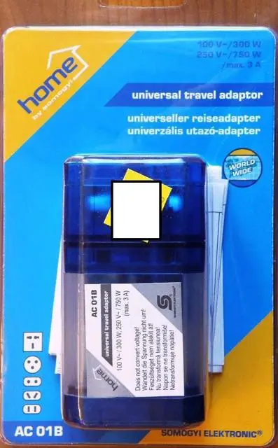 Photo from the official notice: Somogy Elektronic - home by somogyi Universal travel adaptor travel plug adaptor — electric shock risk