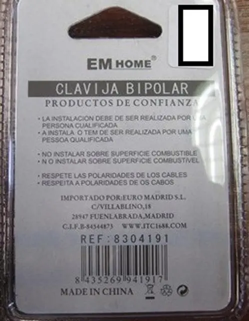 Foto do aviso oficial: EM Home Clavija Bipolar Plugue da rede  ; — risco: Choque elétrico