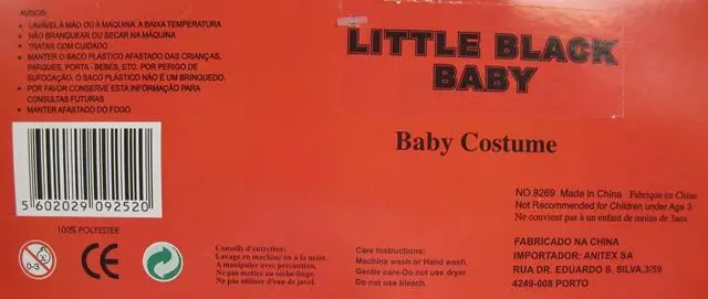 Foto aus der offiziellen Meldung: Baby costume "Pequeno Heroi de Negro", Baby costume "Little Black Baby" Schickes Kleid Outfit &amp; #13; &amp; — Risiko: Strangulierung