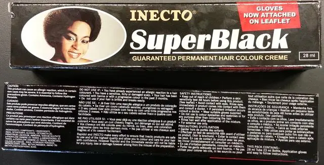 Foto aus der offiziellen Meldung: Inecto Superblack - guaranteed permanent hair colour creme - 28ml Haarfärbemittel — Risiko: Chemikalie