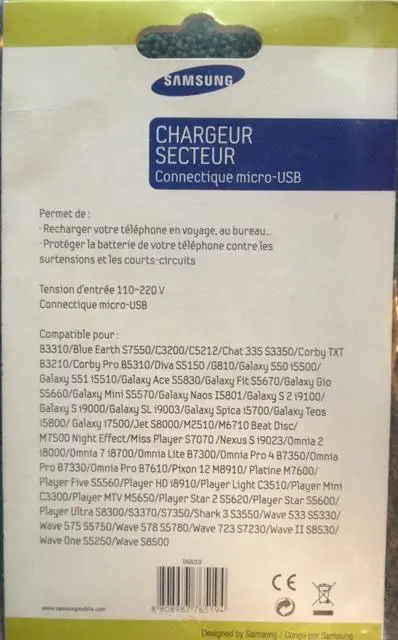 Foto aus der offiziellen Meldung: Samsung Chargeur secteur (connectique micro -USB) Reiseadapter — Risiko: Elektrischer Schlag & Feuer