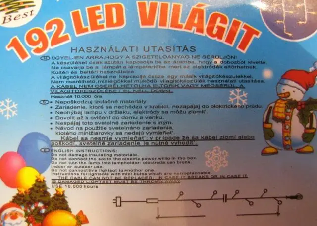 Photo from the official notice: A.I.&amp;E. 1. 192 LED VILÁGIT (192 Led light), 2. Lighting chain 192 LED lighting chains — burns & electric shock risk