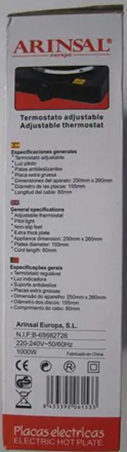 Foto do aviso oficial: ARINSAL Placas Electricas Placa quente elétrica — risco: Choque elétrico