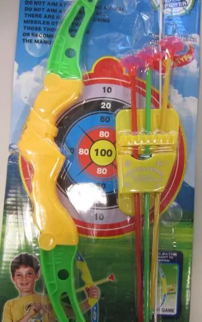 Foto do aviso oficial: Marco's Toys 1. Bow: Super Toxophily 2. Rifle: Shootgame powerful Arco de brinquedo e espingarda — risco: Engasgamento & Ferimentos