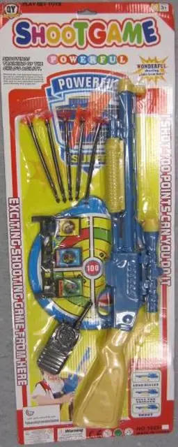 Foto do aviso oficial: Marco's Toys 1. Bow: Super Toxophily 2. Rifle: Shootgame powerful Arco de brinquedo e espingarda — risco: Engasgamento & Ferimentos