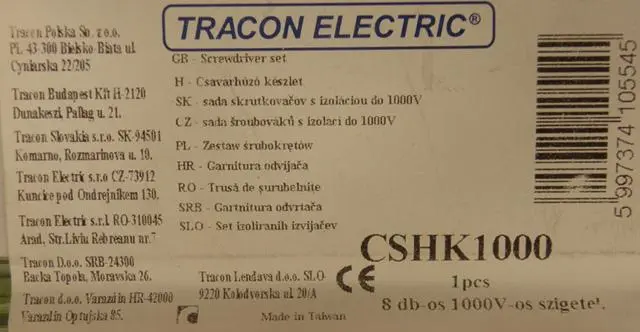 Foto del aviso oficial: TRACON ELECTRIC 8 db-os Csavarhuzo Keszlet / Screwdriver Set Conjunto de destornilladores y probador de voltaj — riesgo: Choque eléctrico