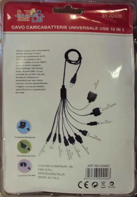 Foto uit de officiële melding: S.Y. H&amp;h Cavo CaricaBatterie Universale USB 10 in 1 USB voeding — risico: Elektrische schok