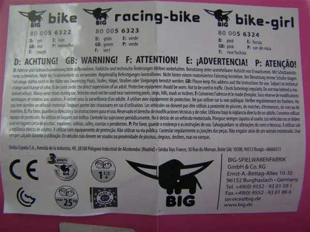 Foto uit de officiële melding: Big 1. Racing-Bike 2. Bike-Girl Ride-on speelgoed — risico: Verstikking door inslikken