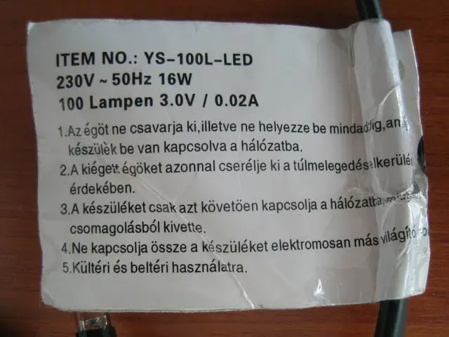 Foto do aviso oficial: Best 100 LED Vilagit Corrente de iluminação — risco: Queimaduras & Choque elétrico